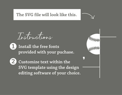 Baseball SVG template instructions with a list: install free fonts and customize text using design editing software.