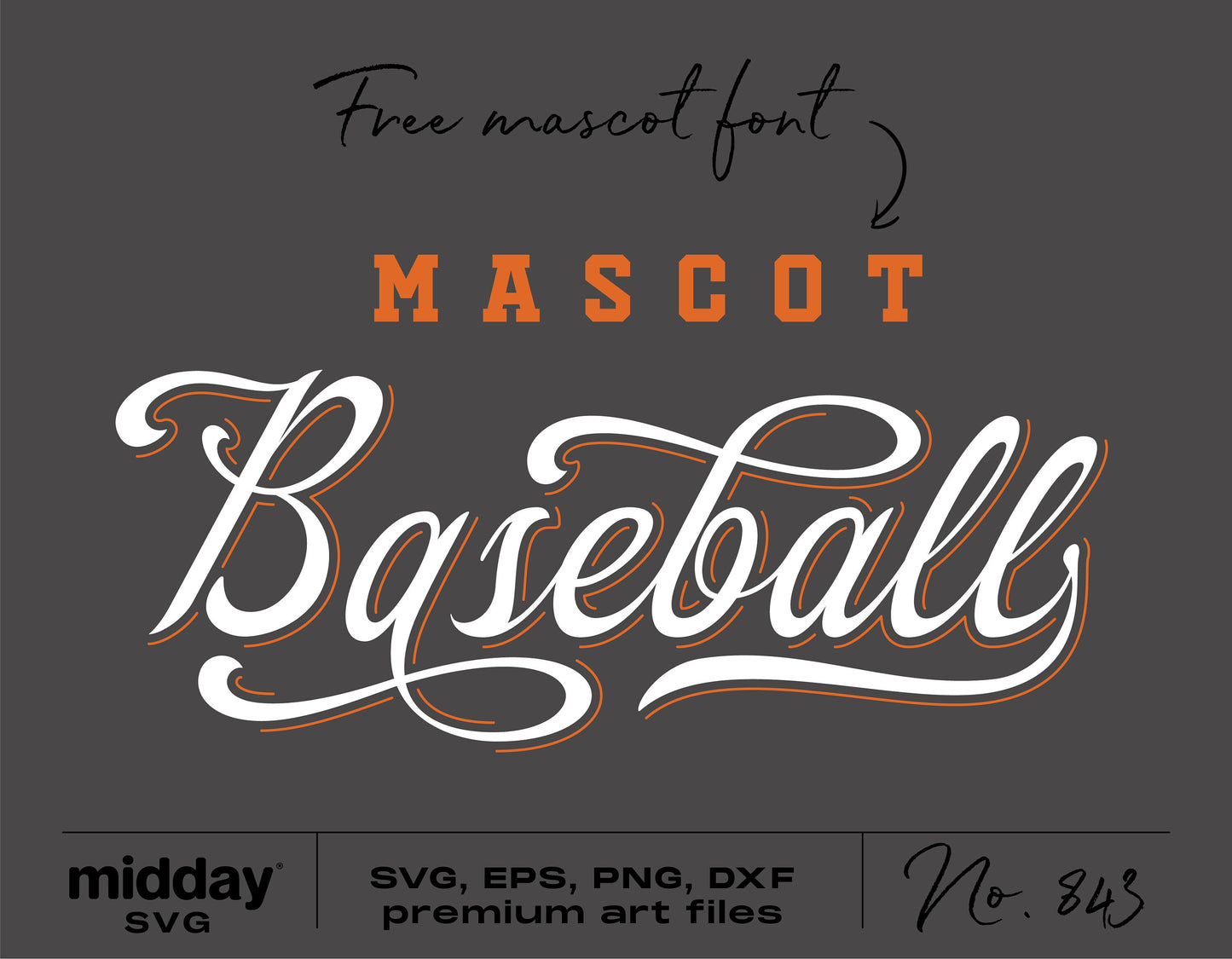 Vintage baseball script font for Cricut, featuring the word 'Mascot' in bold orange with elegant 'Baseball' script below, by midday SVG.