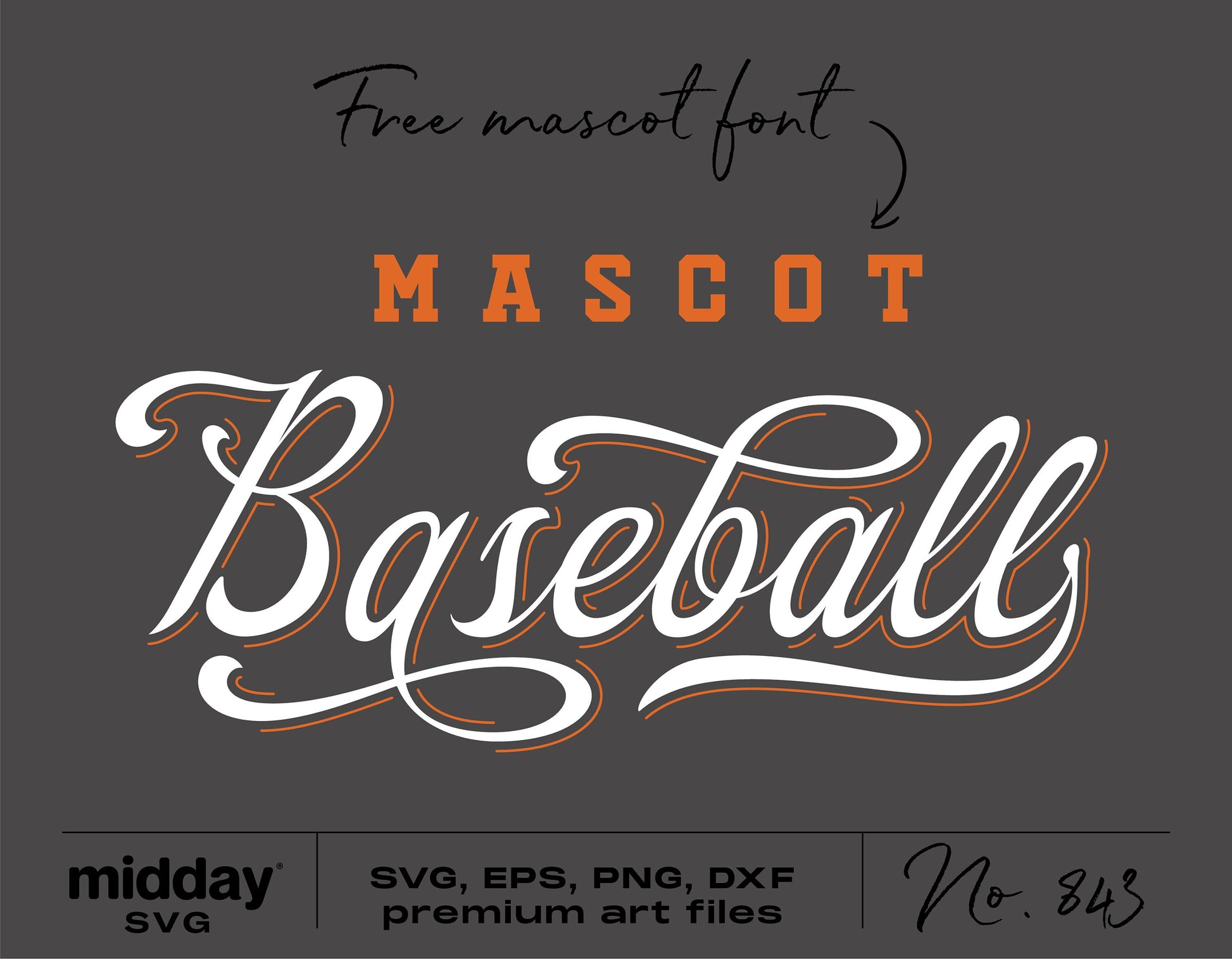 Vintage baseball script font for Cricut, featuring the word 'Mascot' in bold orange with elegant 'Baseball' script below, by midday SVG.