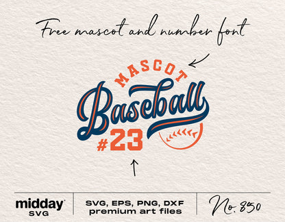 Baseball team logo SVG with mascot and number font, includes SVG, EPS, PNG, DXF files. Perfect for team shirts and Cricut crafts.