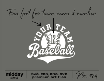 Customizable baseball team logo SVG design with free font for DIY shirts and digital Cricut cut files in svg, eps, png formats.
