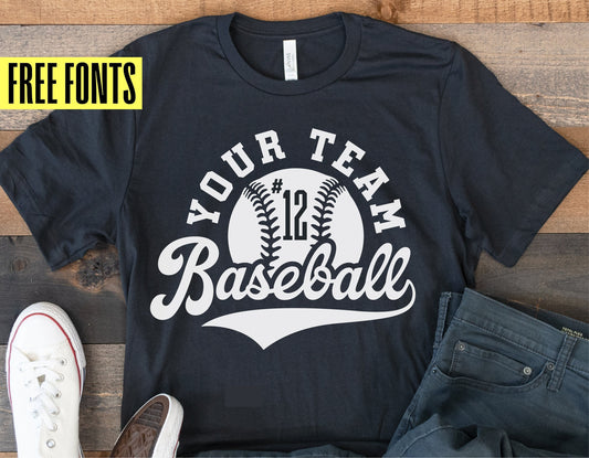 Customizable baseball team shirt in black with free fonts, ideal for DIY Cricut projects; includes SVG, PNG, and EPS files.