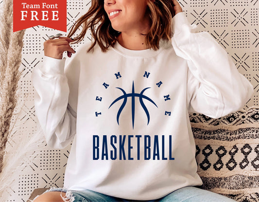 Woman wearing basketball mom shirt, ideal for Cricut and Silhouette projects, featuring a free team font download offer.
