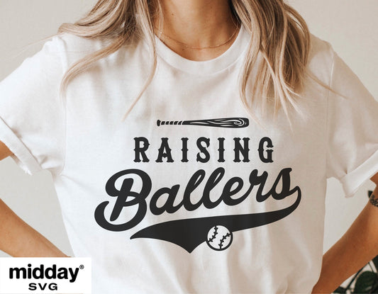 White t-shirt with 'Raising Ballers' baseball design, perfect for baseball moms and dads, suitable for Cricut and Silhouette projects.