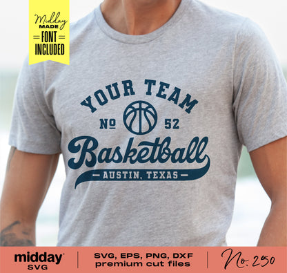 Gray t-shirt with customizable basketball design, including team name, player number, perfect for Cricut and Silhouette projects.