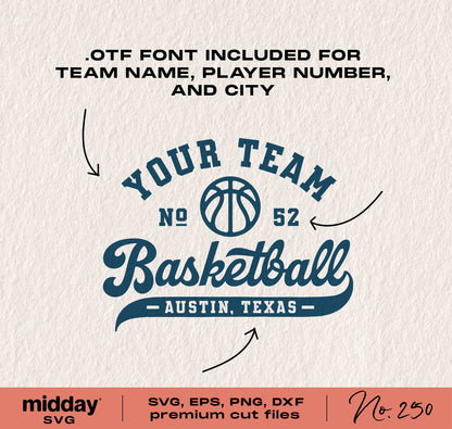 Basketball Team Template SVG with customizable team name, player number, and city; includes SVG, EPS, PNG, DXF formats for Cricut and Silhouette.
