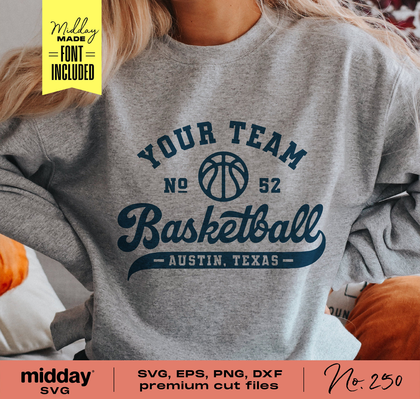Gray basketball shirt with custom team name and player number, available as SVG, PNG, DXF, EPS files for Cricut and Silhouette cutting machines.