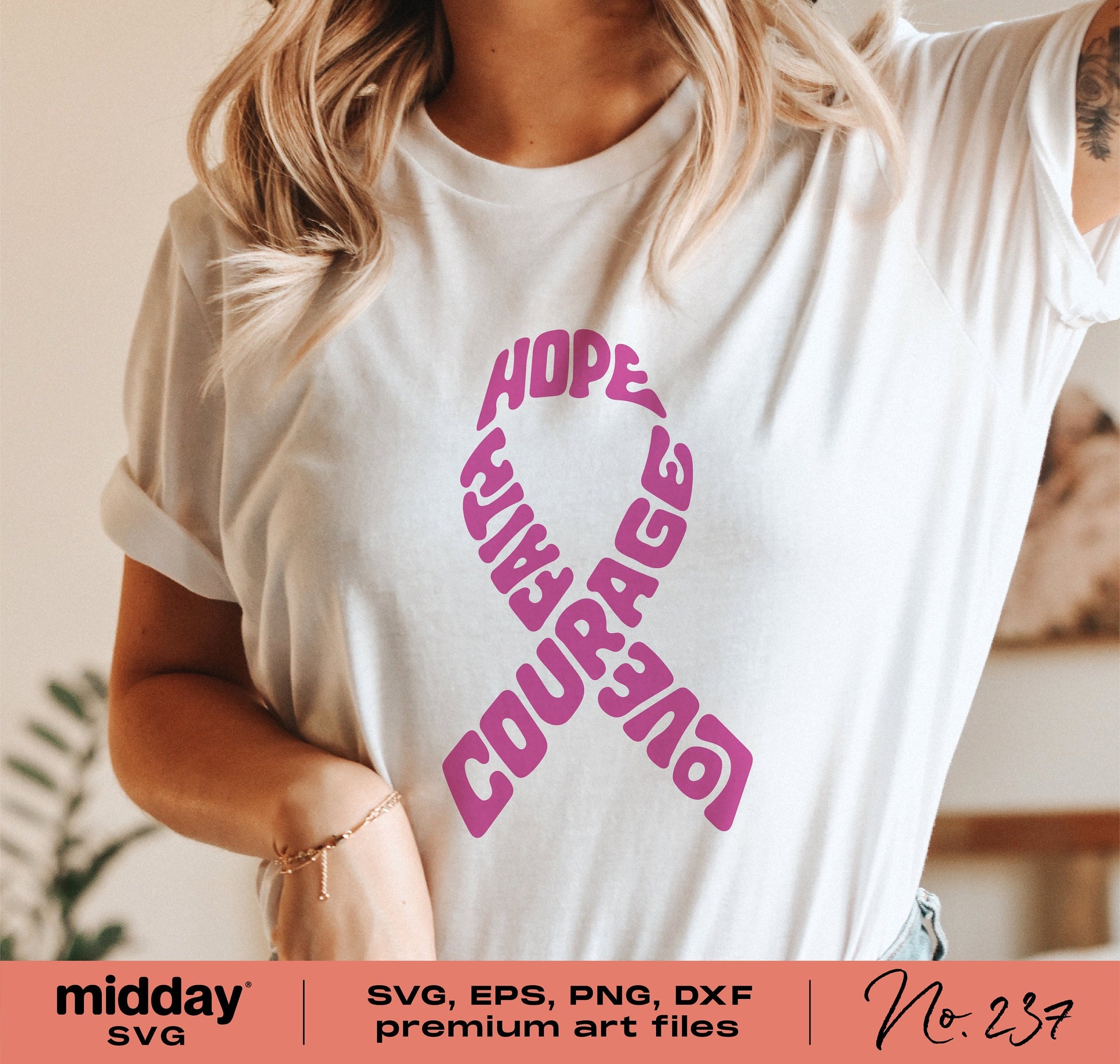 Woman wearing t-shirt with pink breast cancer awareness ribbon and words 'Hope Faith Courage Love' in bold text for SVG designs.
