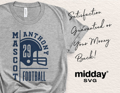 Gray football team logo shirt with customizable helmet design, satisfaction guarantee text, and midday SVG branding.