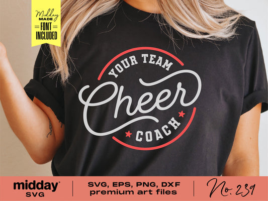Customizable cheer coach shirt design with 'Your Team Cheer Coach' text, available as SVG, PNG, DXF, EPS for Cricut and Silhouette.