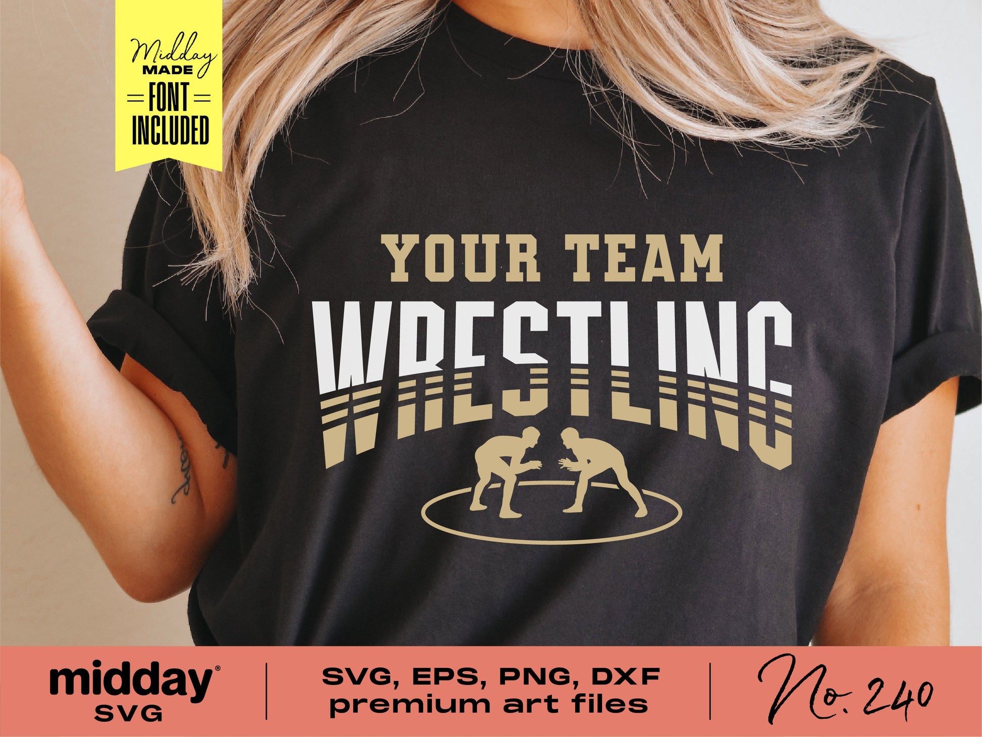 Woman wearing a black t-shirt with 'Your Team Wrestling' design, suitable for Cricut and Silhouette with SVG, PNG, DXF formats included.