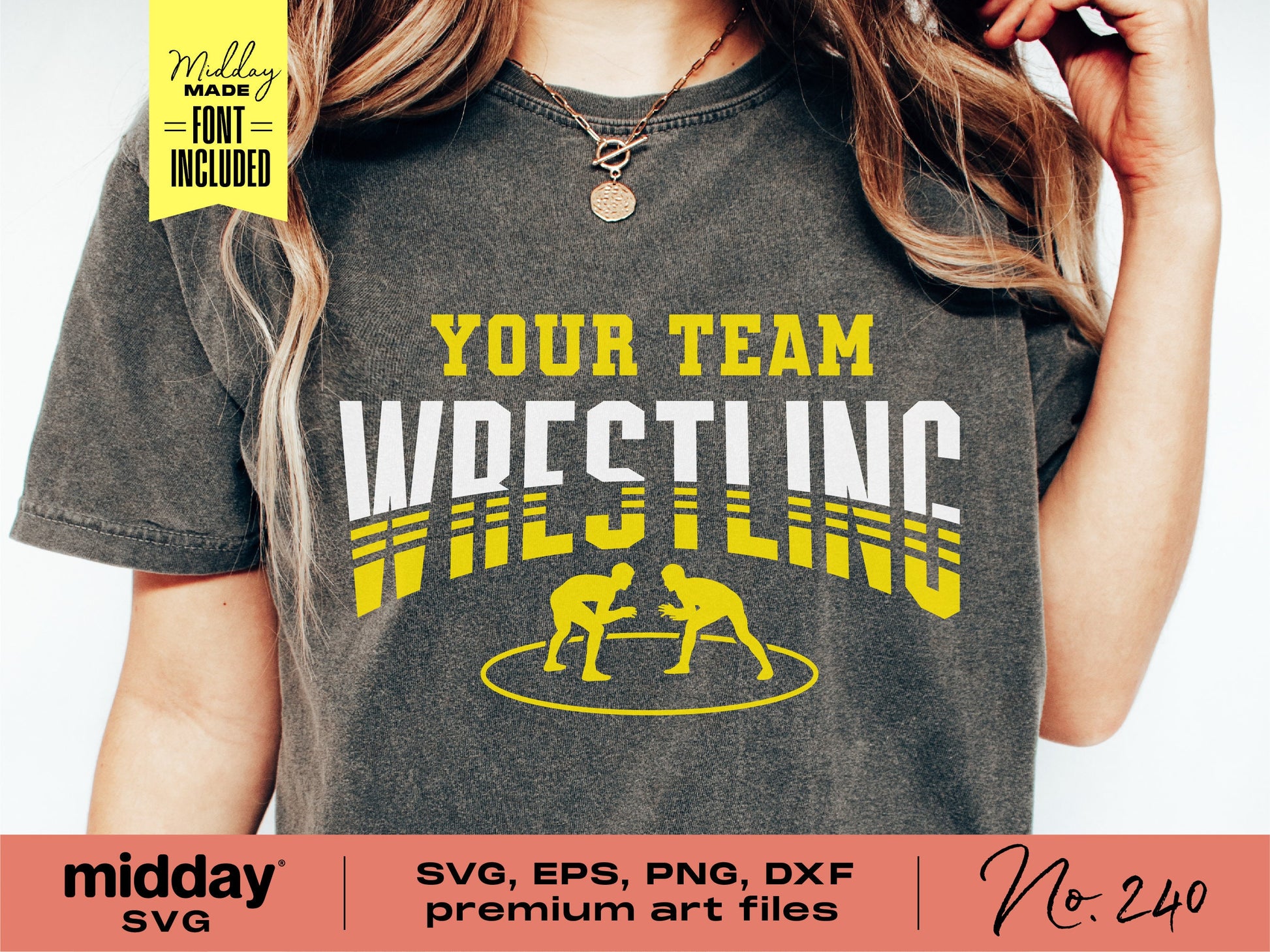Wrestling team shirt template featuring SVG, PNG, DXF files for Cricut and Silhouette, with font included for personalized designs.