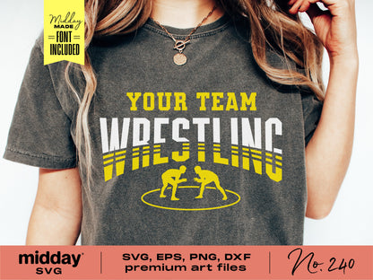 Wrestling team shirt template featuring SVG, PNG, DXF files for Cricut and Silhouette, with font included for personalized designs.