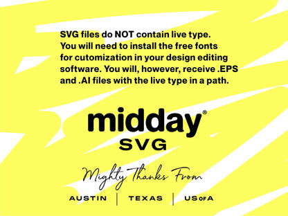 Yellow graphic with text about SVG files not containing live type, midday SVG logo, Austin Texas USA.