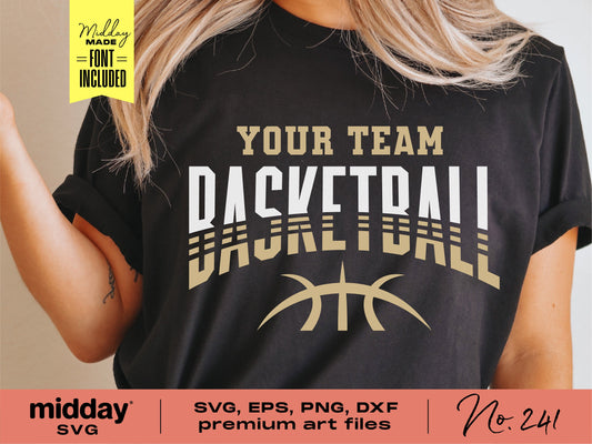 Black t-shirt featuring a bold "Your Team Basketball" design, ideal for personalized team apparel using SVG, PNG, DXF, and EPS files.