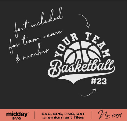 Basketball team logo template SVG with customizable font for team name and number, includes PNG, DXF, EPS formats.
