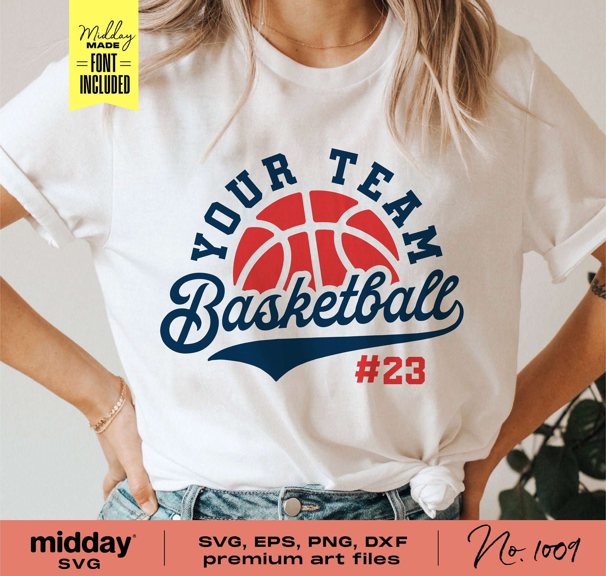 Woman wearing a white t-shirt with 'Your Team Basketball' logo in blue and red, featuring number 23, suitable for Cricut and Silhouette projects.