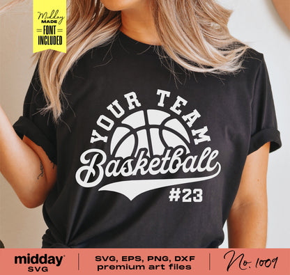 Person wearing a black t-shirt with a customizable basketball team logo design for Cricut and Silhouette in SVG, PNG, DXF, and EPS formats.
