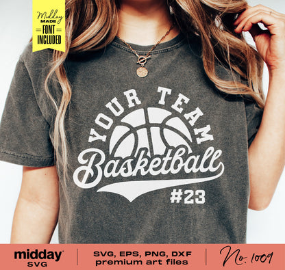 Basketball team-themed shirt featuring customizable logo and number, ideal for Cricut and Silhouette projects with included SVG files.