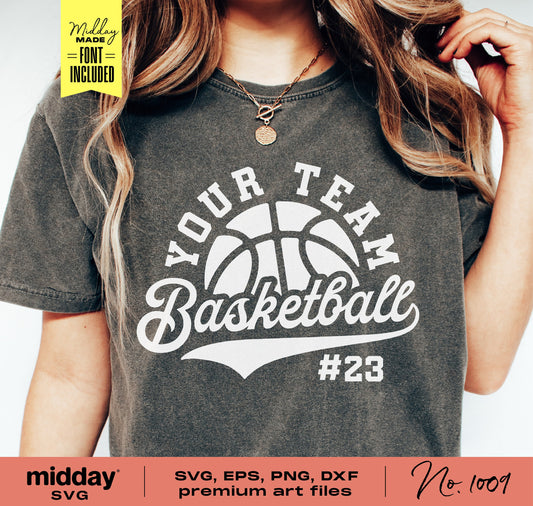 Basketball team-themed shirt featuring customizable logo and number, ideal for Cricut and Silhouette projects with included SVG files.