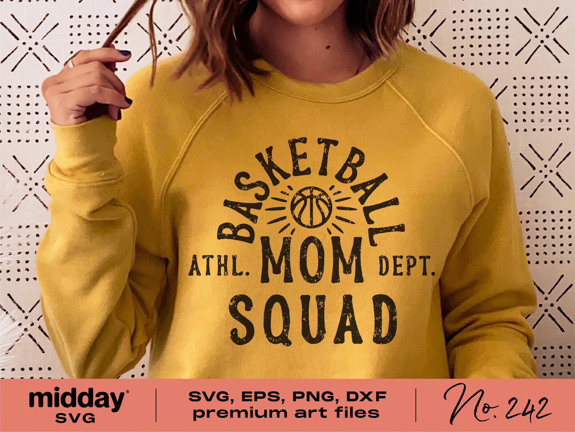 Yellow sweatshirt with 'Basketball Mom Squad' design, available as SVG, PNG, DXF files for Cricut and Silhouette.