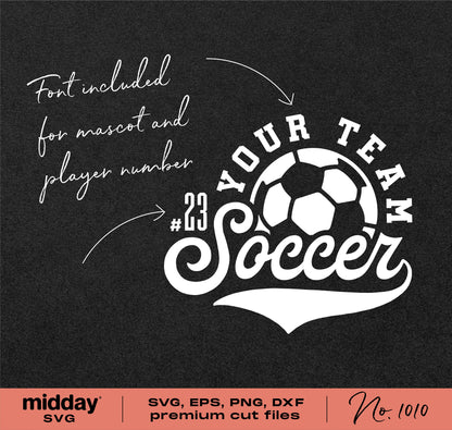 Customizable soccer team logo template with soccer ball and text, available in SVG, PNG, DXF formats for Cricut and Silhouette projects.