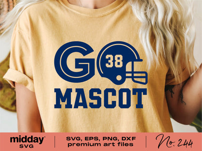 Football shirt design with 'Go Mascot' and helmet graphic, SVG and EPS file, DIY template for Cricut, game day apparel, No. 244.