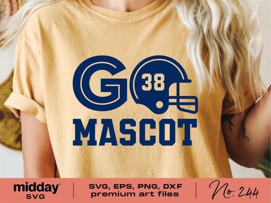 Football shirt design with 'Go Mascot' and helmet graphic, SVG and EPS file, DIY template for Cricut, game day apparel, No. 244.