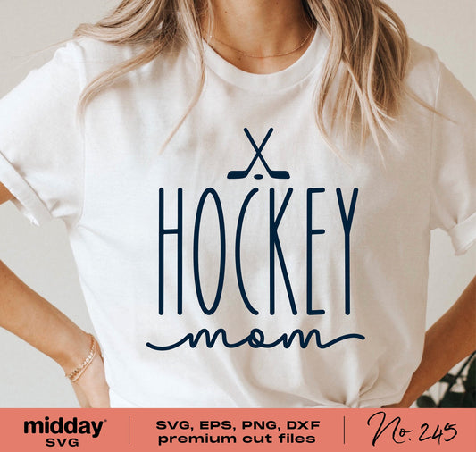 White T-shirt featuring 'Hockey Mom' design, available in SVG, EPS, PNG, DXF formats for crafting with Cricut and Silhouette.
