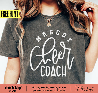 Woman wearing a 'Mascot Cheer Coach' shirt with energetic script design, featuring SVG, EPS, PNG, DXF art files promotion.