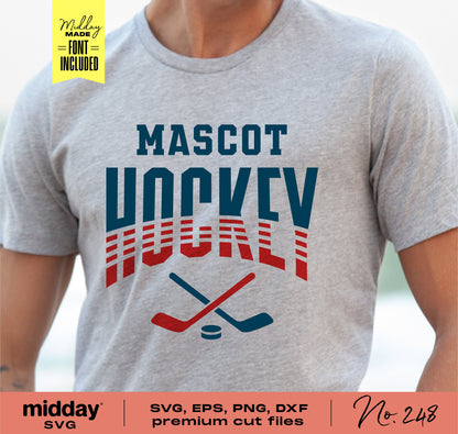 Gray t-shirt featuring customizable hockey team design, includes SVG, PNG, DXF, EPS files for Cricut and Silhouette, perfect for apparel.