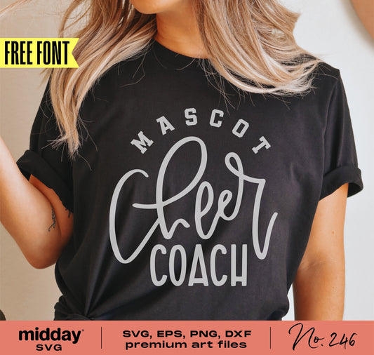 Black t-shirt with 'Mascot Cheer Coach' in energetic script, available as SVG, EPS, PNG, and DXF files for Cricut and Silhouette.