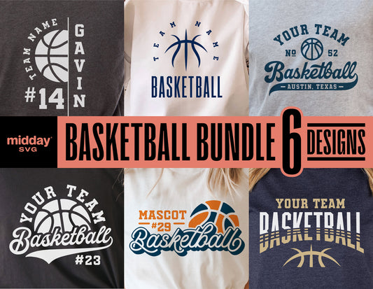 Basketball bundle with 6 designs featuring DIY templates for team shirts, mom sweatshirts, and logos in SVG, PNG, DXF, EPS formats.