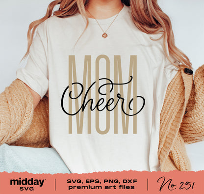 Cheer Mom shirt design with SVG, EPS, PNG, DXF files for Cricut and Silhouette, featuring cheerleader mom text on a cozy hoodie.