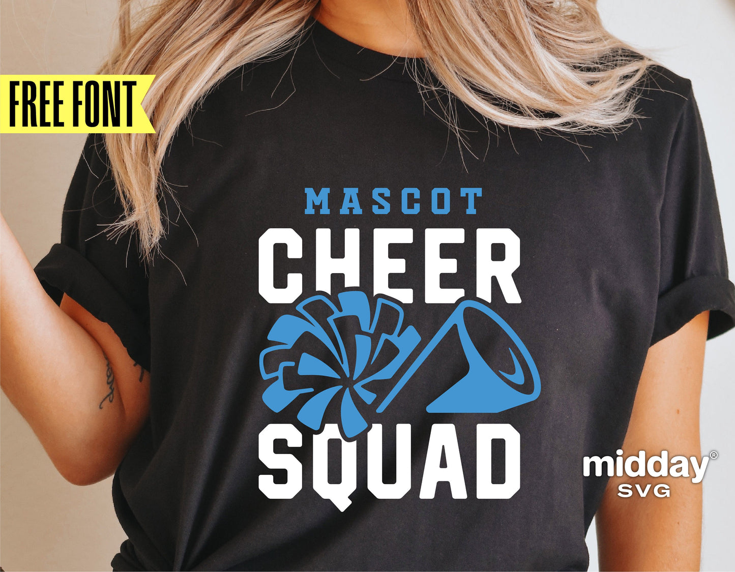 Black cheer squad shirt with blue pom pom and megaphone design, featuring "Mascot Cheer Squad" text, ideal for cheerleader Cricut projects.