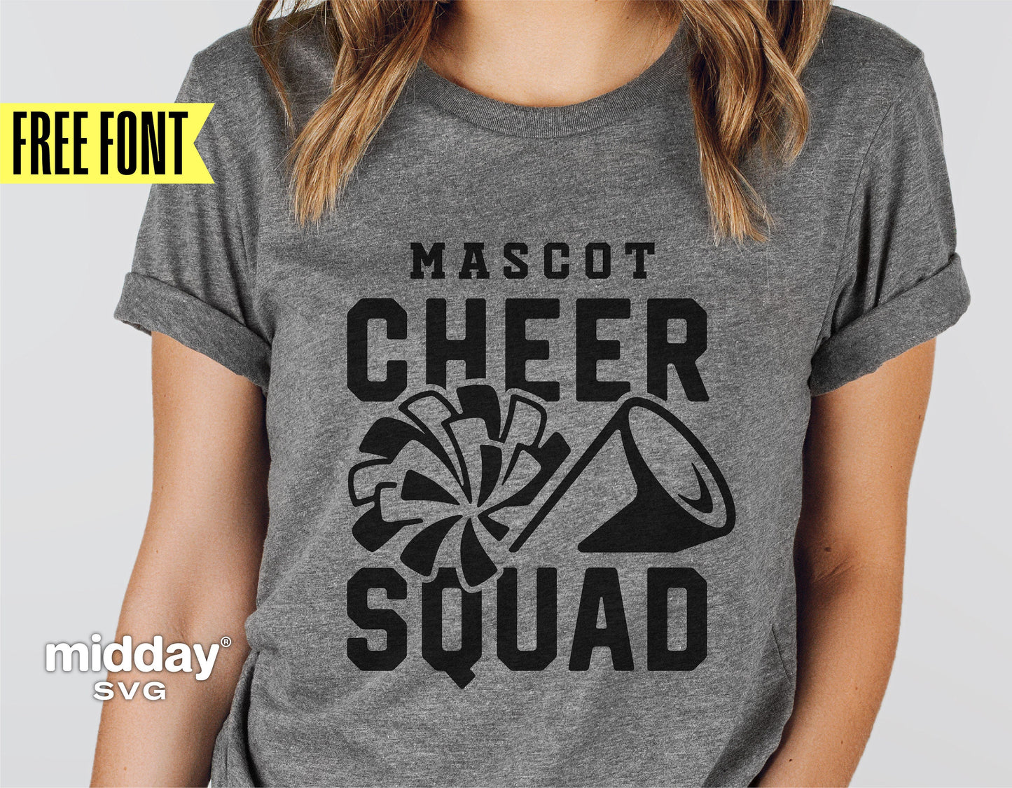 "Grey t-shirt with 'Mascot Cheer Squad' design featuring pom pom and megaphone graphics; perfect for cheerleading enthusiasts."
