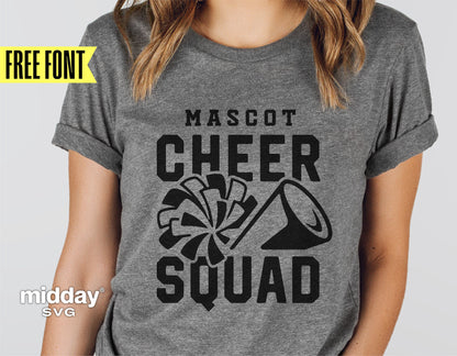 "Grey t-shirt with 'Mascot Cheer Squad' design featuring pom pom and megaphone graphics; perfect for cheerleading enthusiasts."