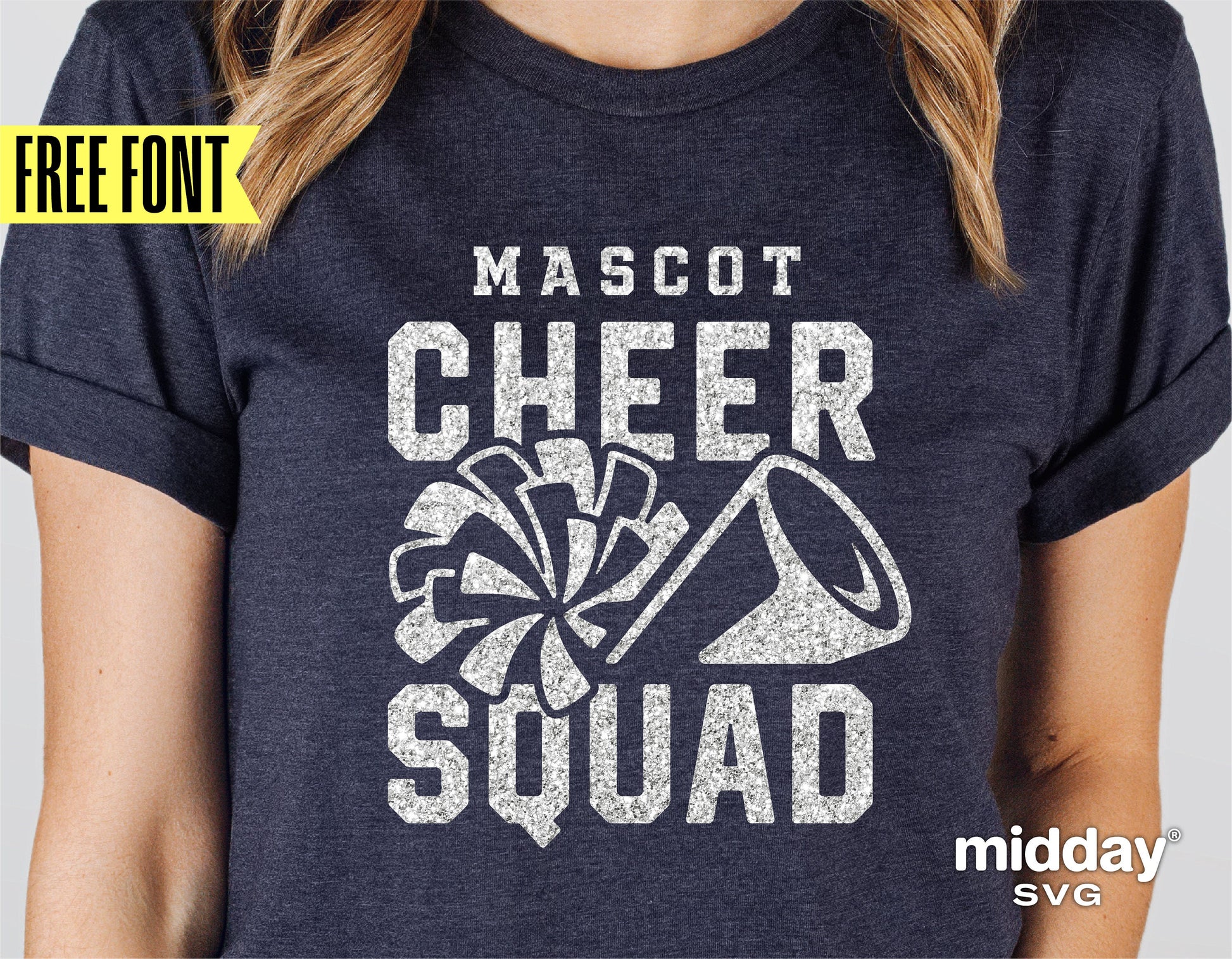 Cheer Squad T-shirt with pom pom and megaphone design for Cricut and Silhouette projects.