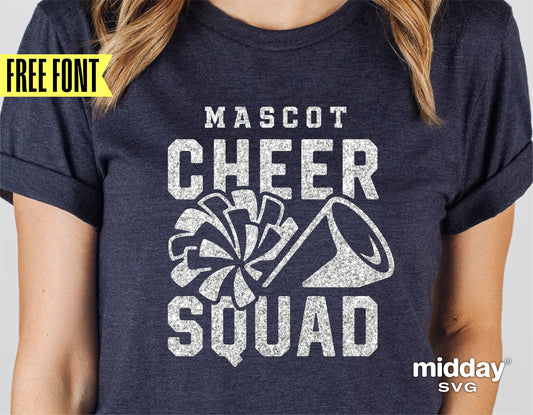 Cheer Squad T-shirt with pom pom and megaphone design for Cricut and Silhouette projects.