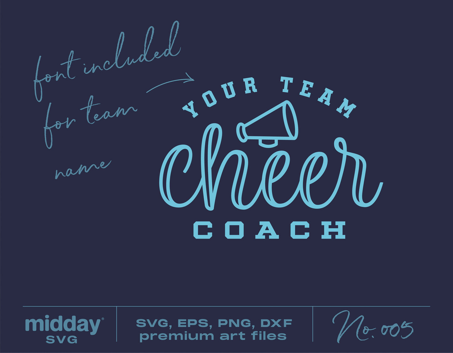 Cheer Coach SVG design featuring a megaphone with "Your Team Cheer Coach" text, available in SVG, EPS, PNG, DXF formats.