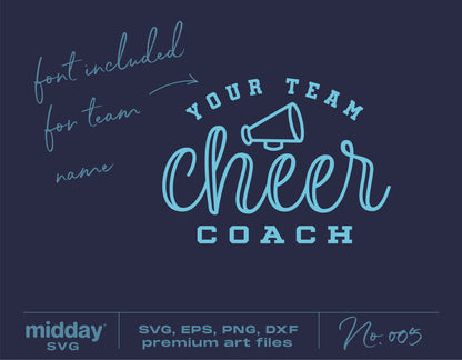 Cheer Coach SVG design featuring a megaphone with "Your Team Cheer Coach" text, available in SVG, EPS, PNG, DXF formats.
