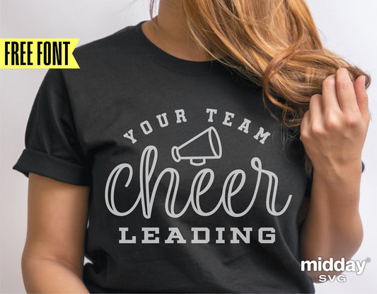 Woman wearing a black t-shirt with 'Your Team Cheerleading' design, featuring a megaphone graphic, ideal for Cricut and Silhouette crafting.