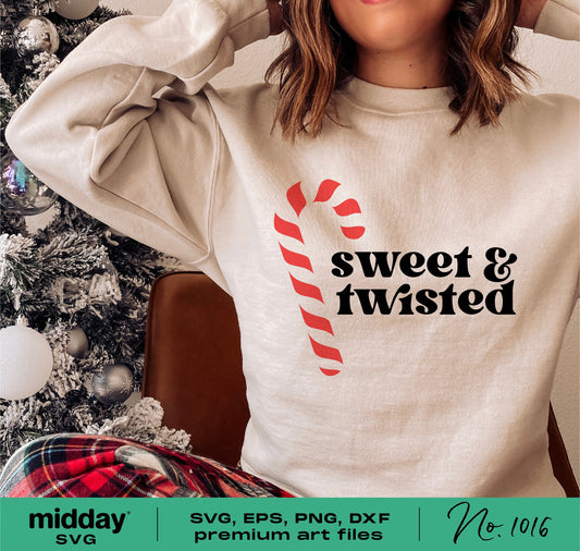 Woman wearing a funny Christmas shirt with candy cane design and 'Sweet & Twisted' text, perfect for Cricut and Silhouette projects.