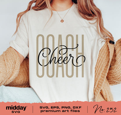 Cheer Coach shirt with woven script design in SVG, PNG, DXF, EPS formats for Cricut and Silhouette sublimation projects.