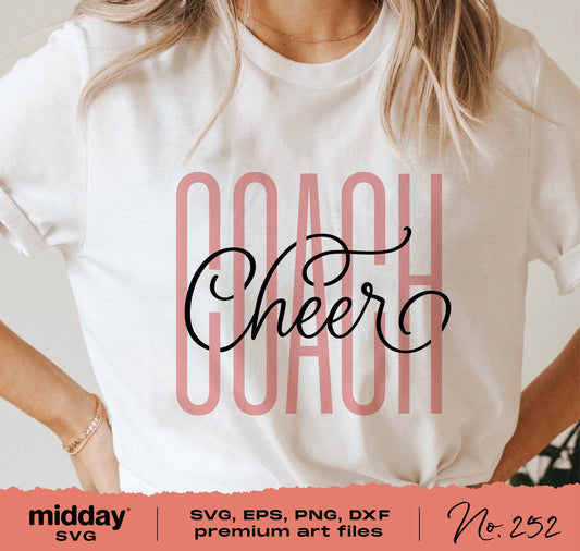 "Cheer Coach shirt with woven script design, available in SVG, PNG, DXF, EPS formats for Cricut and Silhouette cutting machines."
