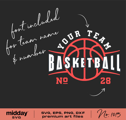 Customizable basketball team shirt design template in SVG, PNG, DXF, EPS formats with team logo and editable text font included.