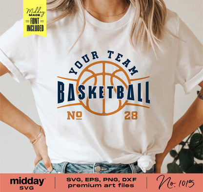 Woman wearing a custom basketball team template shirt with logo design, ideal for DIY projects using Cricut or Silhouette.