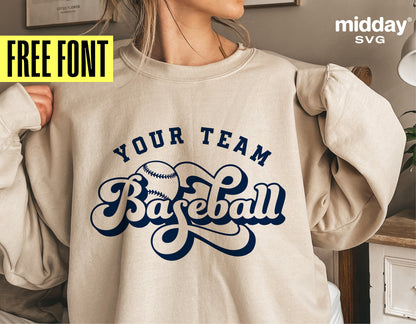 Woman wearing sweatshirt with 'Your Team Baseball' text, showcasing baseball SVG design for Cricut and silhouette cutting.