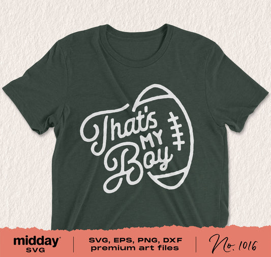 "That's My Boy" football design on a green t-shirt for Cricut and Silhouette crafting, ideal for football mom apparel and sublimation prints.