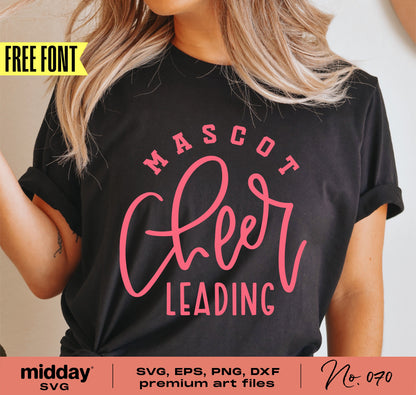 Black t-shirt with 'Mascot Cheerleading' in pink font, perfect for cheer team designs, includes SVG, EPS, PNG, DXF files.